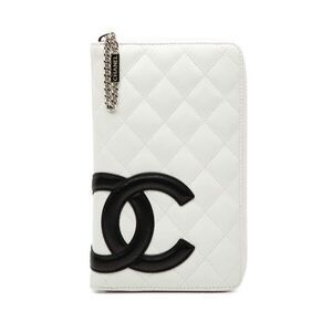 Chanel Cambon Matelasse Round Zipper Long Wallet White Black Leather Women's